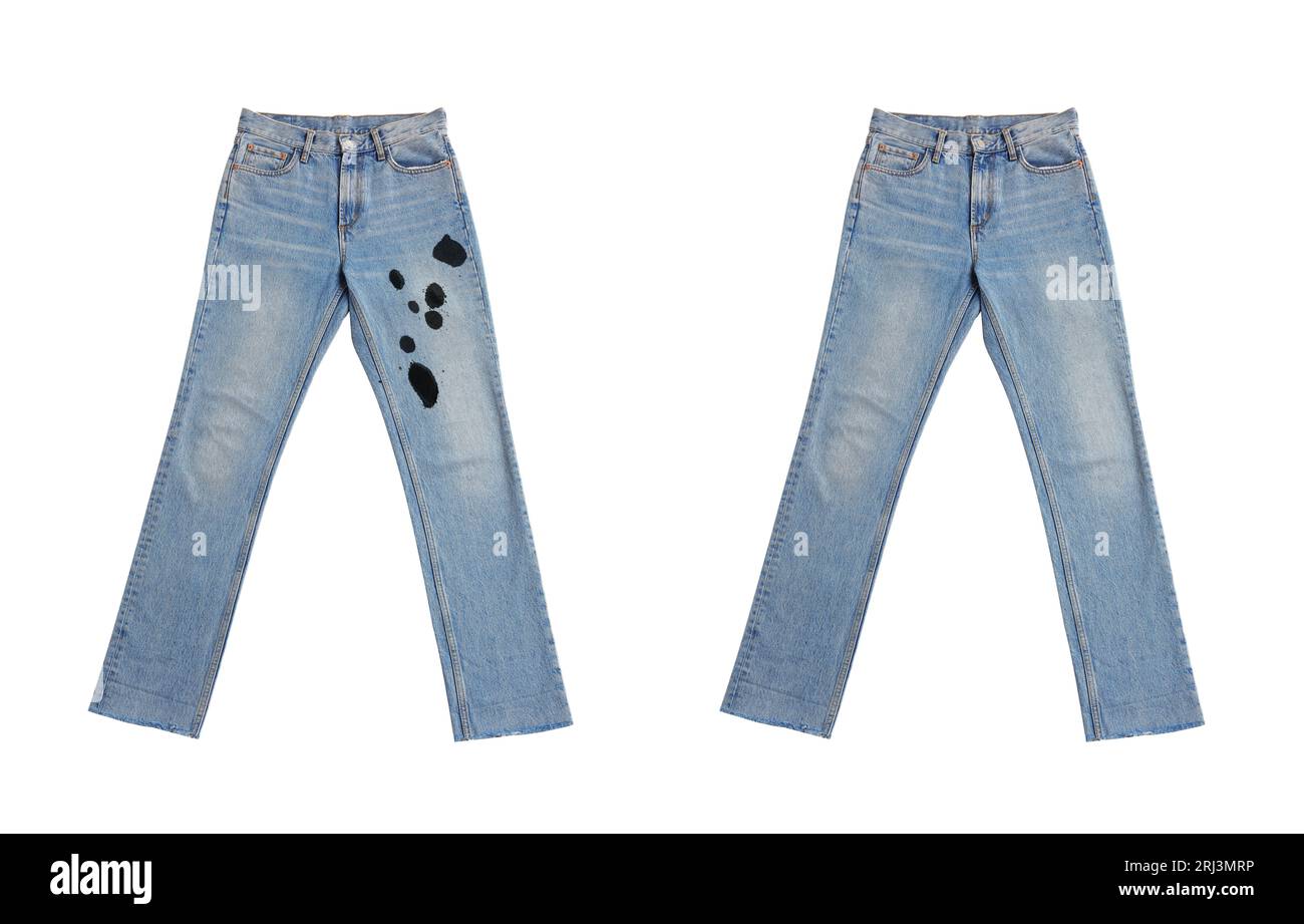 Collage with dirty and clean jeans isolated on white. Before and after