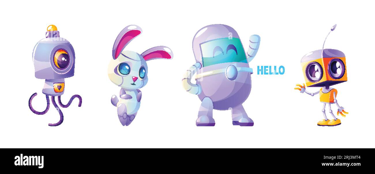 Cute futuristic ai robot character cartoon illustration set. Vector artificial intelligent isolated mascot group and friendly companion in yellow and Stock Vector