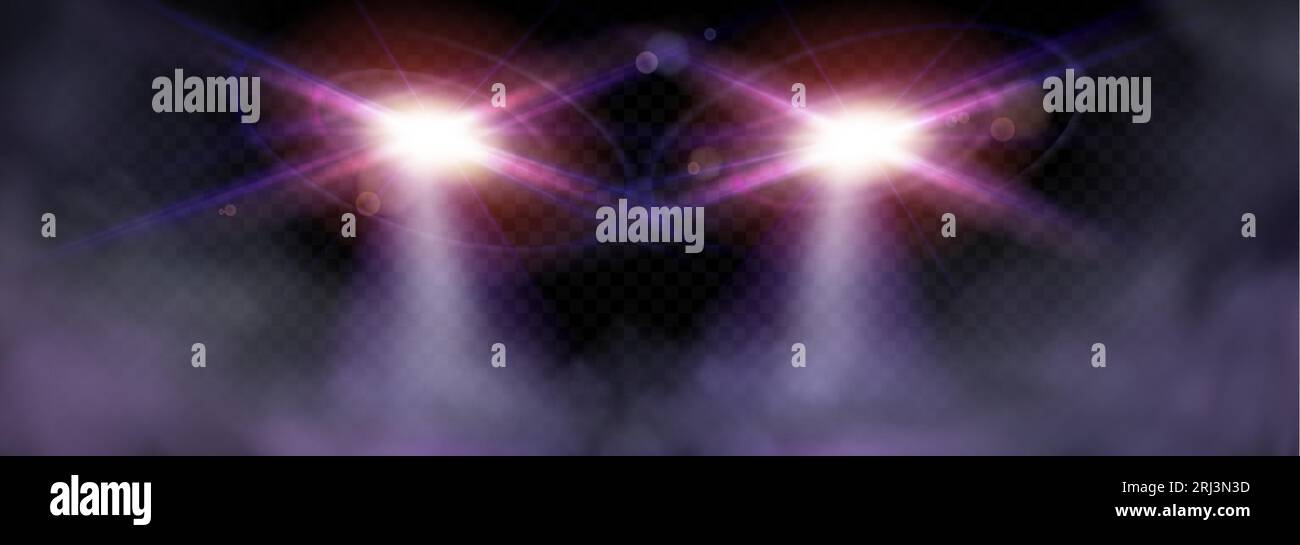 Realistic night car light flare in smoke fog vector effect isolated