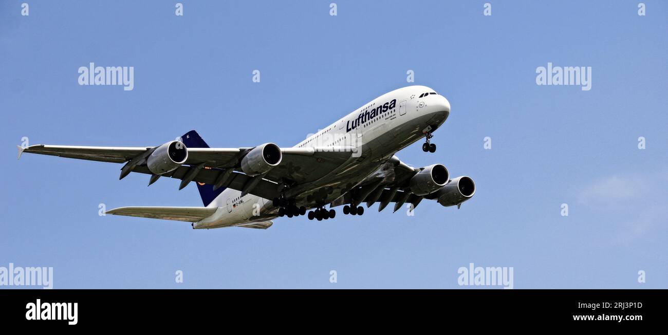 A Lufthansa Airbus A380 aircraft arrives at Miami International Airport