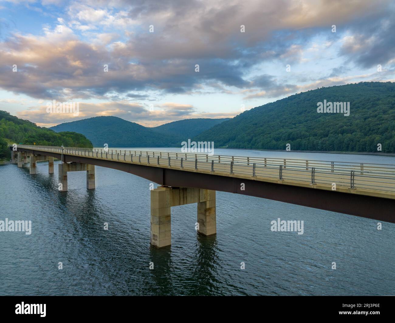 Late afternoon summer aerial photo of the bridge over the Cannonsville Reservoir, Trout Creek, Route 10. Stock Photo