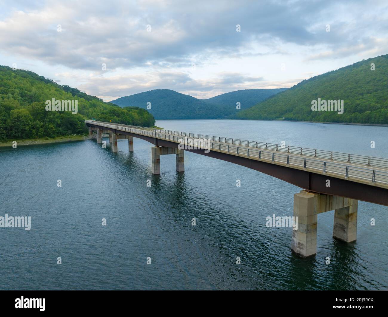 Late afternoon summer aerial photo of the bridge over the Cannonsville Reservoir, Trout Creek, Route 10. Stock Photo