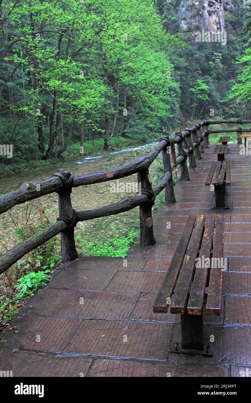 antique railings by a stream in Zhangjiajie National Geological Park ...