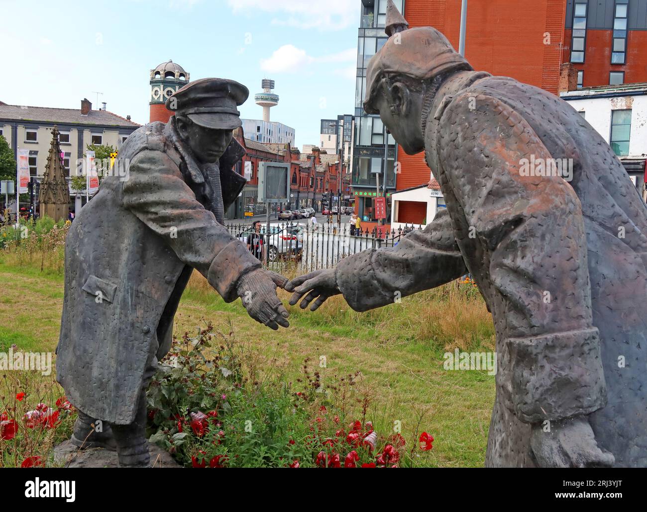 Christmas truce sculpture, known as "All Together Now" by Andy Edwards, at St Lukes, the Bombed Out Church, Reece St, Liverpool, L1 2TR Stock Photo