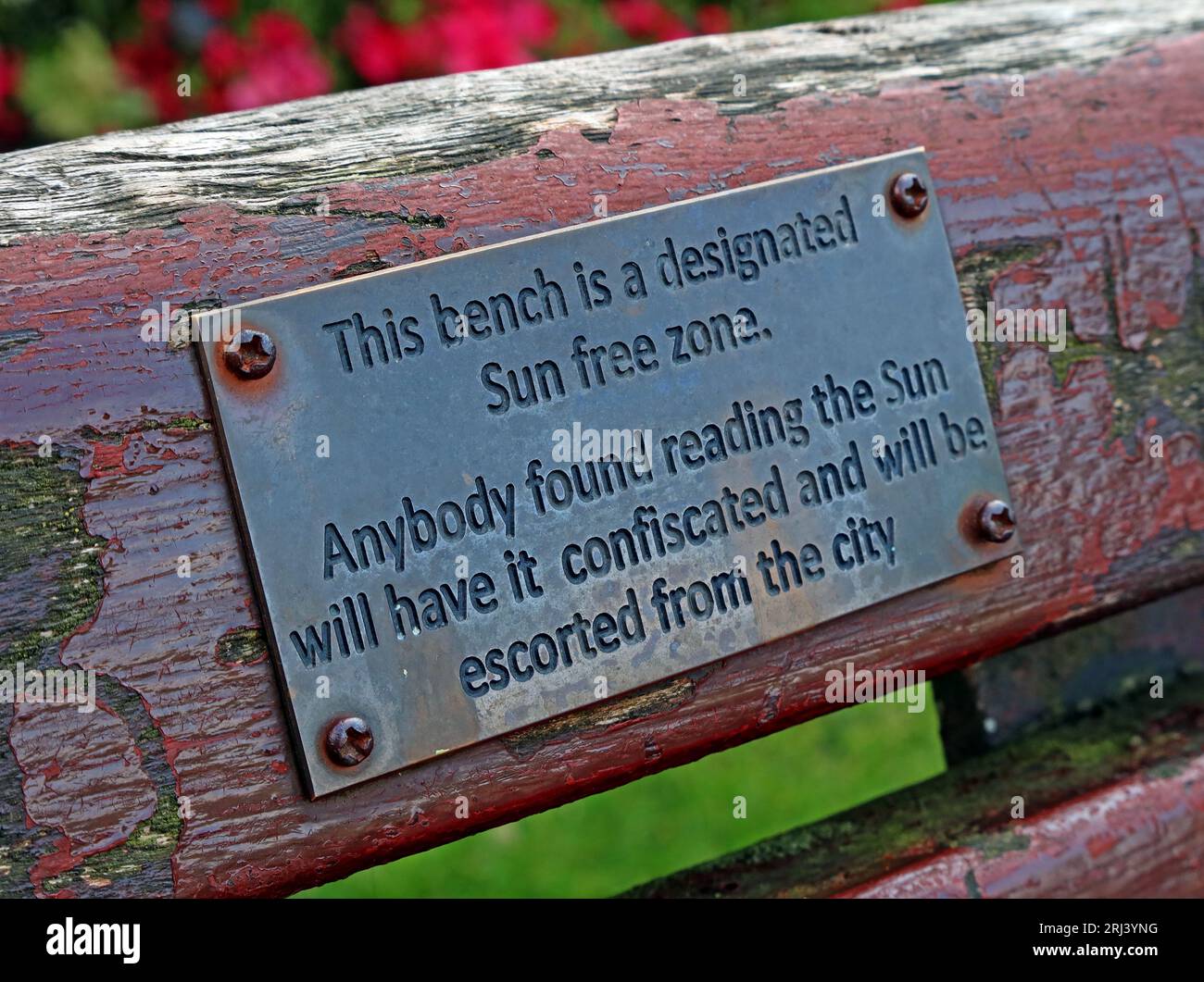 This bench is a designated Sun Free Zone - Anyone found reading The Sun, will have it confiscated and will be escorted from the city of Liverpool Stock Photo