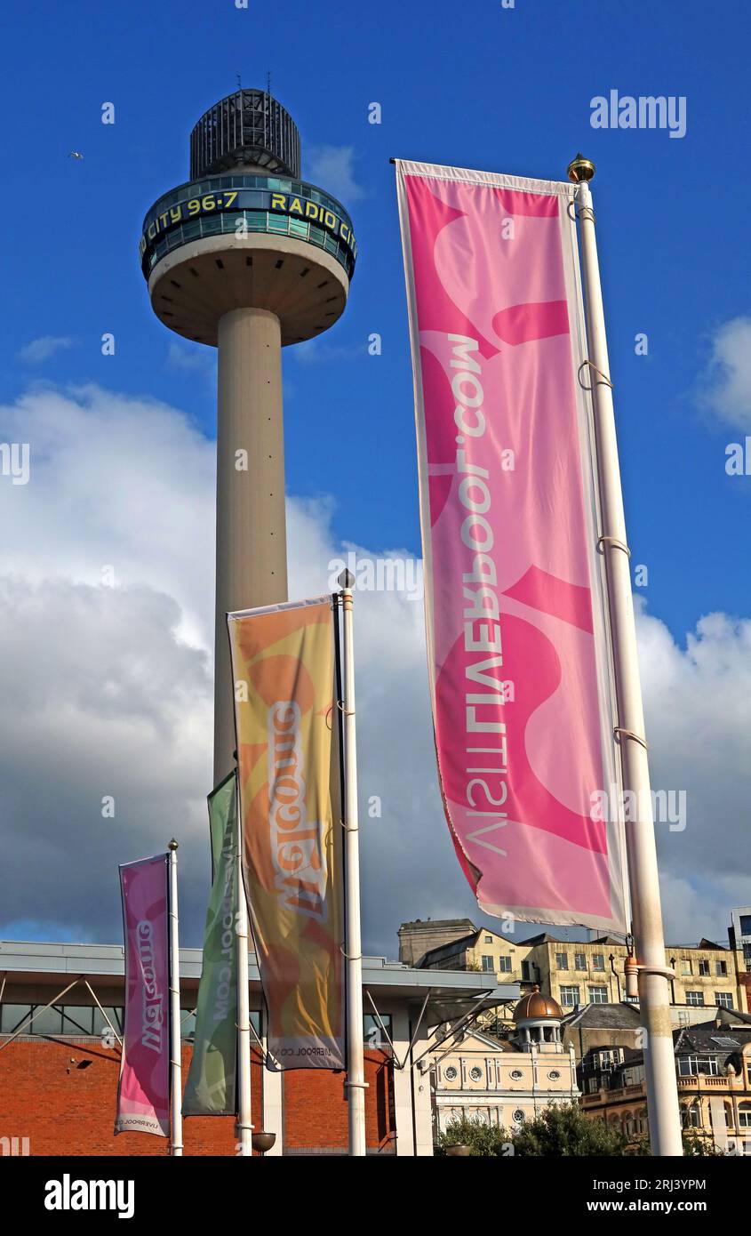 Symbols of the city, Visit Liverpool banners, St Johns Beacon and cityscape, Liverpool, Merseyside, England, UK, L1 1LJ Stock Photo
