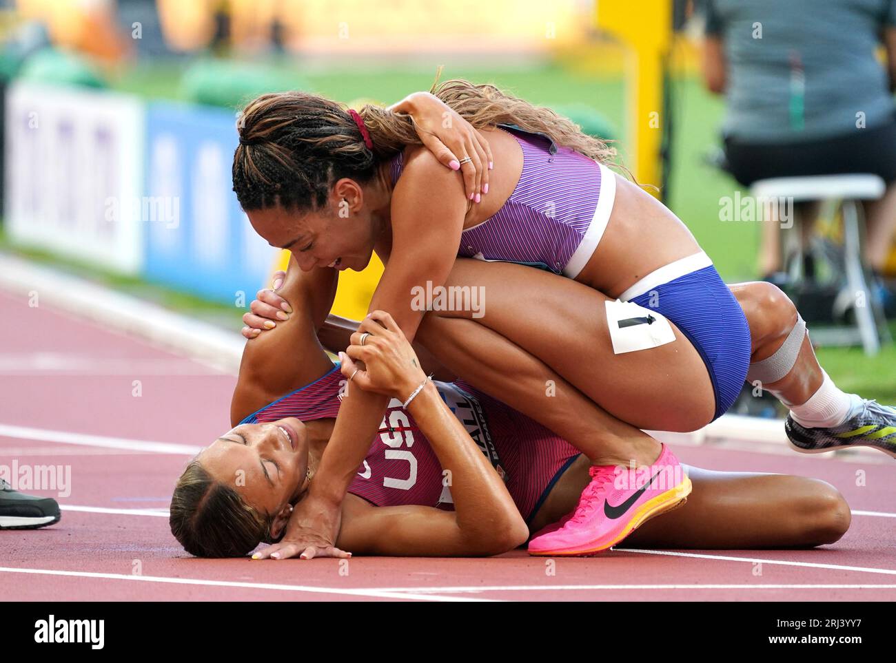 Katarina Johnson-Thompson (GBR) and Anna Hall (USA) in heptathlon during the 19th edition World Athletics Championships on August 20, 2023 in the National Athletics Centre in Budapest, Hungary Photo by SCS/Soenar Chamid/AFLO (HOLLAND OUT) Stock Photo