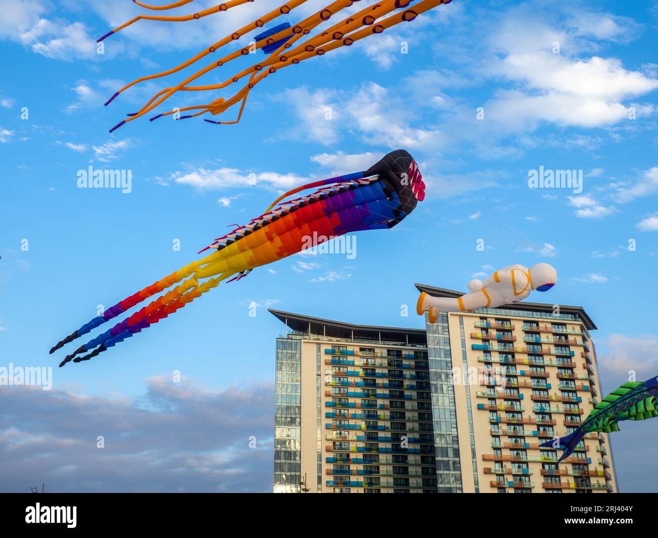 Kite Festival. Kites in the sky. A spectacle in the sky. Wind is like a force. air objects. Various forms. A beautiful sight. Air. Astronaut, octopus. Stock Photo