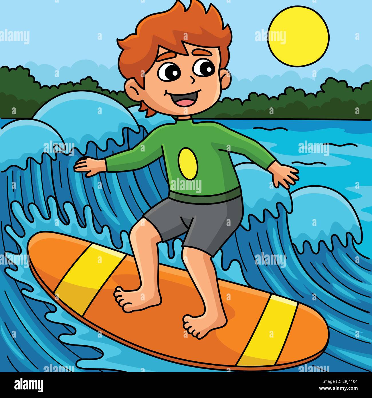 Boy Surfing in Summer Colored Cartoon Illustration Stock Vector Image ...