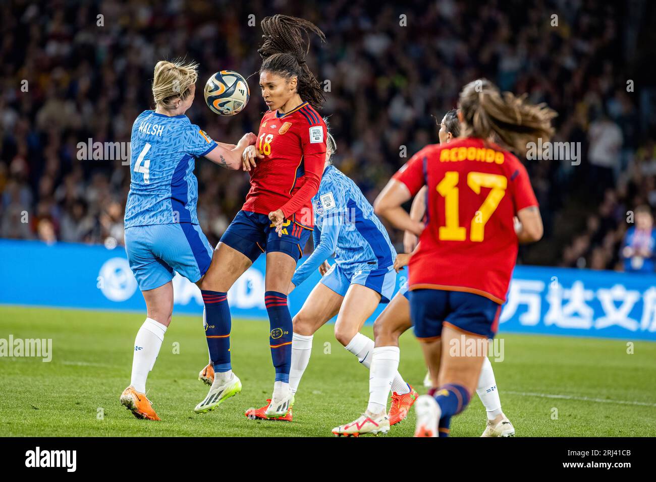 Sydney, Australia. 20th Aug, 2023. Salma Paralluelo of Spain (R2) and Keira Walsh of England (L) seen in action during the 2023 FIFA Women's World Cup 2023 Final match between Spain v England at Australia Stadium, Sydney. Final score: Spain 1 - England 0. Credit: SOPA Images Limited/Alamy Live News Stock Photo