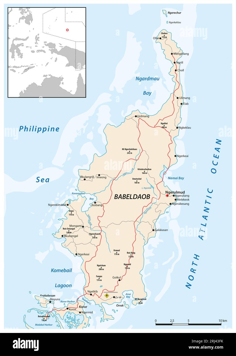 Road map of Babeldaob Island, Palau, Caroline Islands Stock Photo
