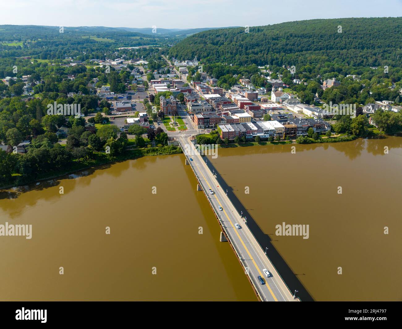 August 2023 aerial photo of Village of Owego, Tioga County, NY Stock