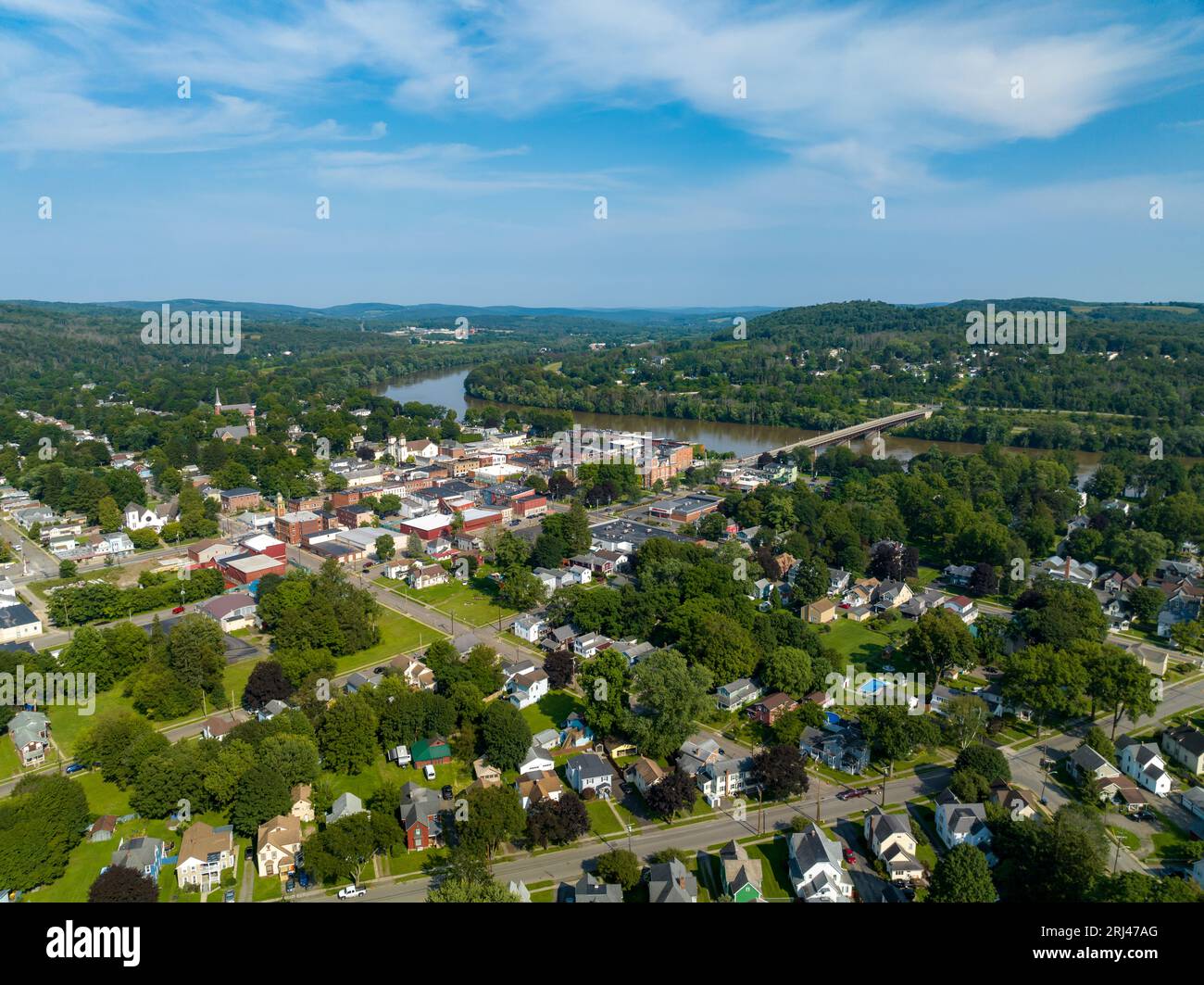 August 2023 aerial photo of Village of Owego, Tioga County, NY Stock
