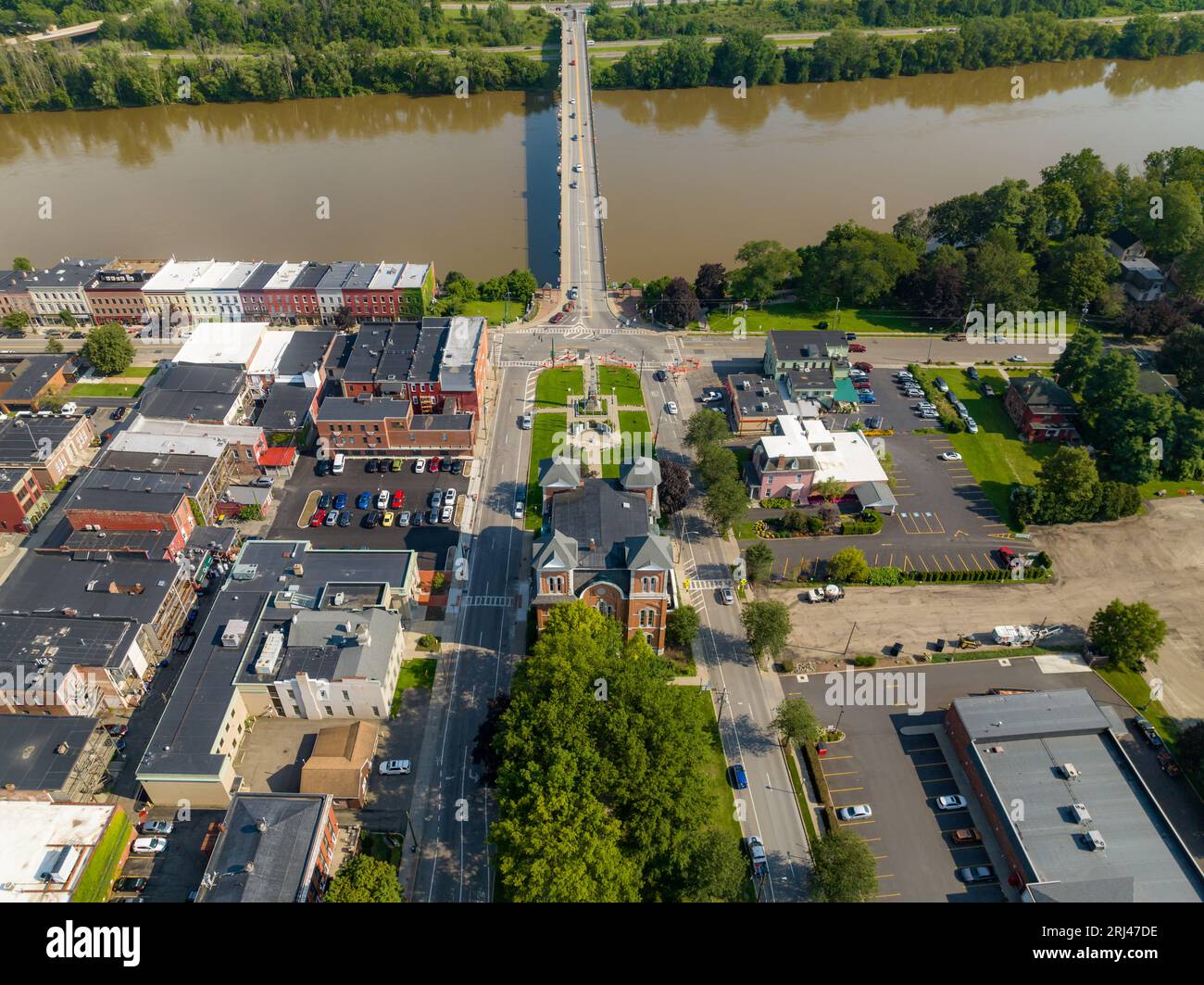 August 2023 aerial photo of Village of Owego, Tioga County, NY Stock