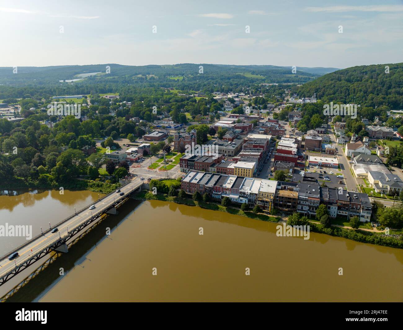 August 2023 aerial photo of Village of Owego, Tioga County, NY Stock
