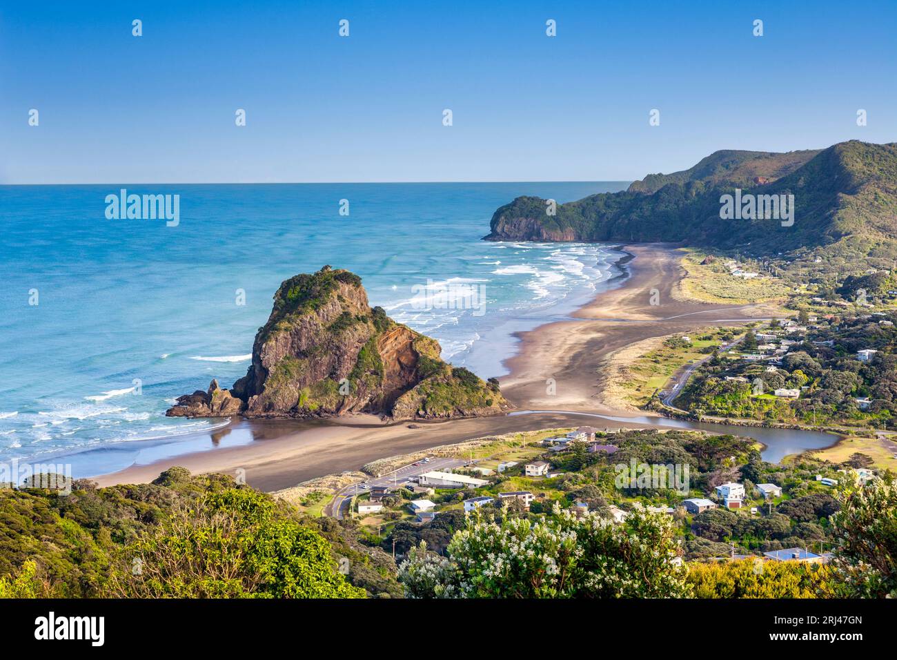 Piha Beach and Lion Rock, Auckland, New Zealand Stock Photo