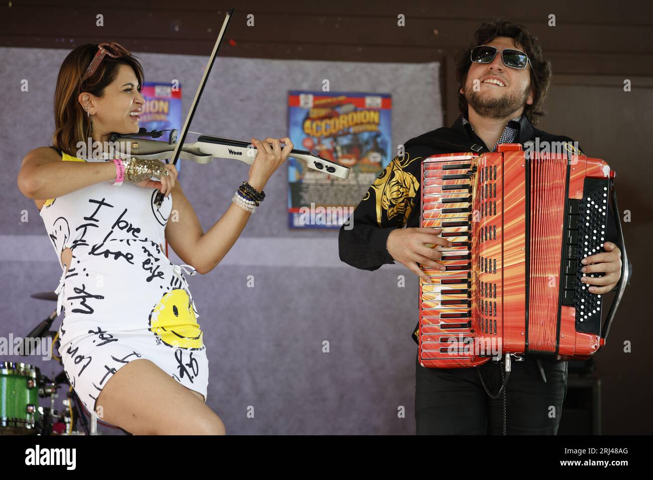 Cotati, California, USA. 20th Aug, 2023. Talented musicians from around the world, Cory Pesaturo and Yasmine Azaiez pictured here, grace the stage at the 32nd Annual Cotati Accordion Festival. Credit: Tim Fleming/Alamy Live News Stock Photo