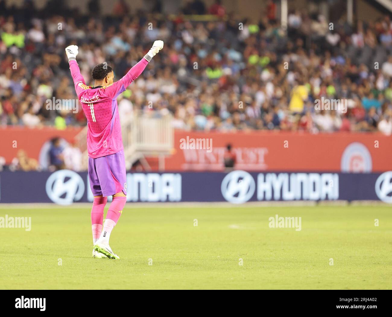 Chicago, USA, 20 August 2023. Major League Soccer (MLS) Orlando City SC goalkeeper Pedro Gallese celebrates a goal against the Chicago Fire FC at Soldier Field in Chicago, IL, USA. Credit: Tony Gadomski / All Sport Imaging / Alamy Live News Stock Photo