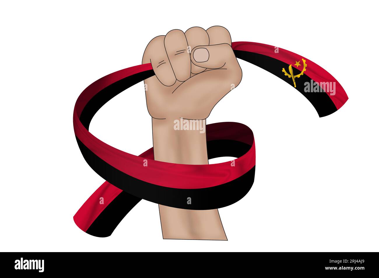 3D illustration. Hand holding flag of Angola on a fabric ribbon ...