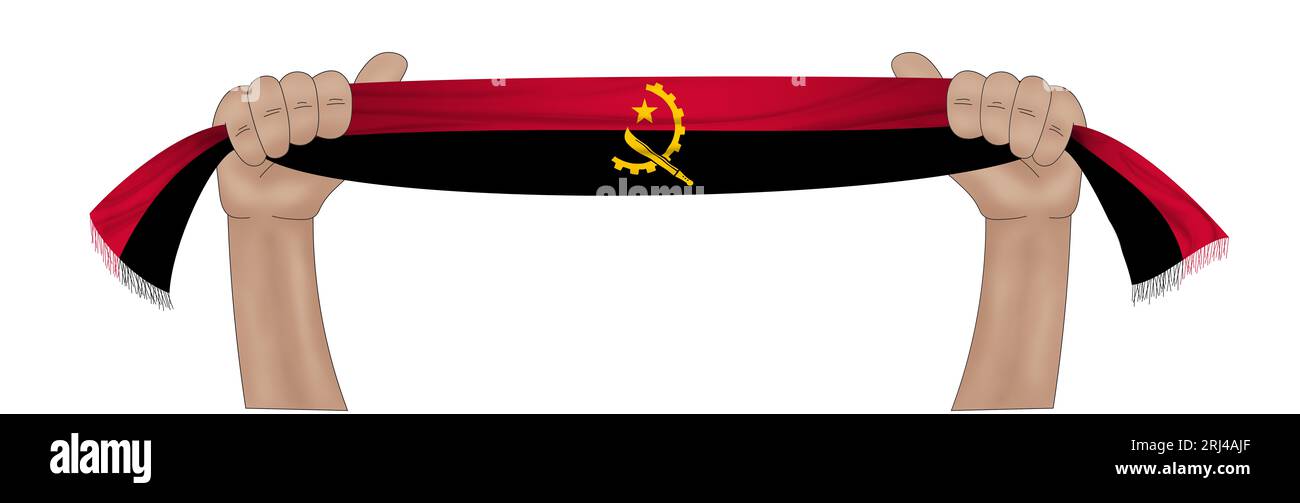 3D illustration. Hand holding flag of Angola on a fabric ribbon ...