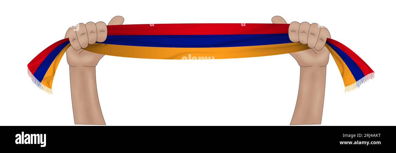 3D illustration. Hand holding flag of Armenia on a fabric ribbon ...