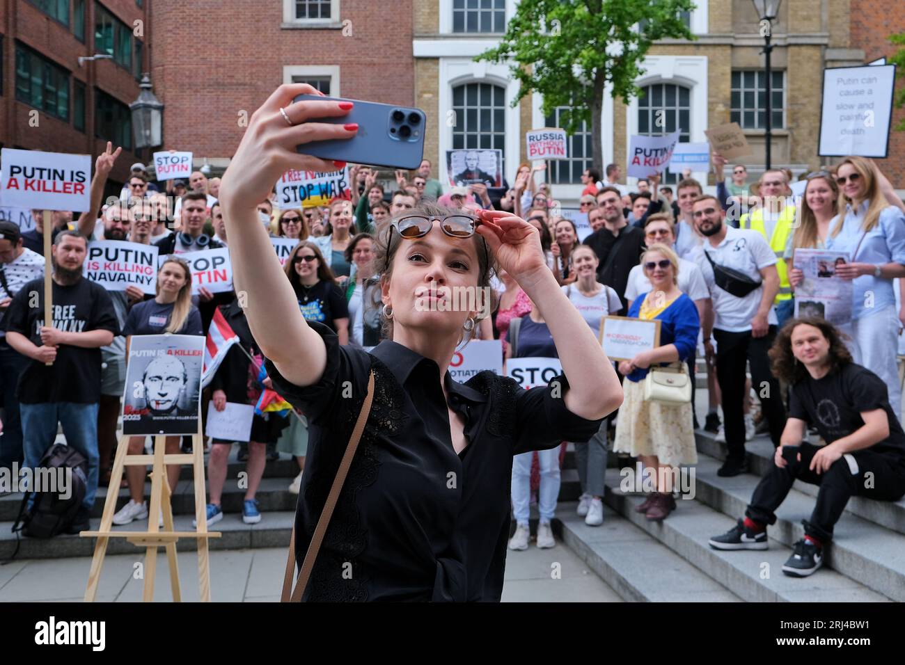 London, UK. 20th August, 2023. Maria Pevchikh takes a selfie at an anti ...