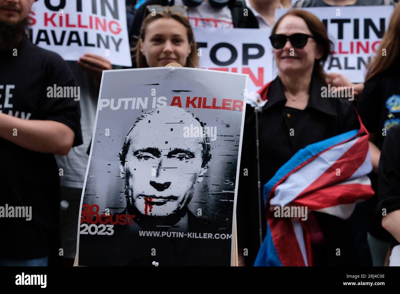 London, UK. 20th August, 2023. An anti-Putin march and rally took place on the third anniversary of Russian opposition leader Alexei Navalny's Novichok poisoning during a domestic flight. Supporters taking part in global 'Putin is a Killer' rallies call for Navalny's freedom as he is expected to serve three decades in prison, after authorities added another 19 years on top of an existing sentence earlier this month. Credit: Eleventh Hour Photography/Alamy Live News Stock Photo