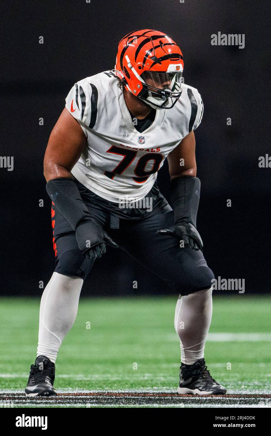 Cincinnati Bengals guard Jackson Carman (79) lines up for the play during a  preseason NFL football game against the Green Bay Packers on Friday, Aug.  11, 2023, in Cincinnati. (AP Photo/Emilee Chinn