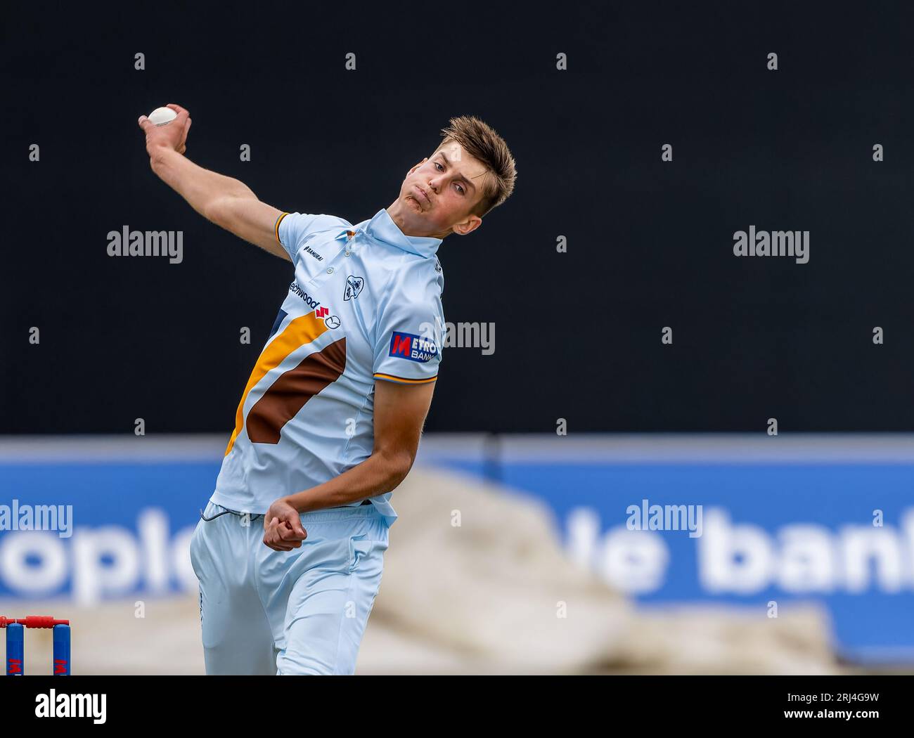Harry Moore bowling for Derbyshire in a One Day Cup match against Worcestershire Rapids Stock Photo