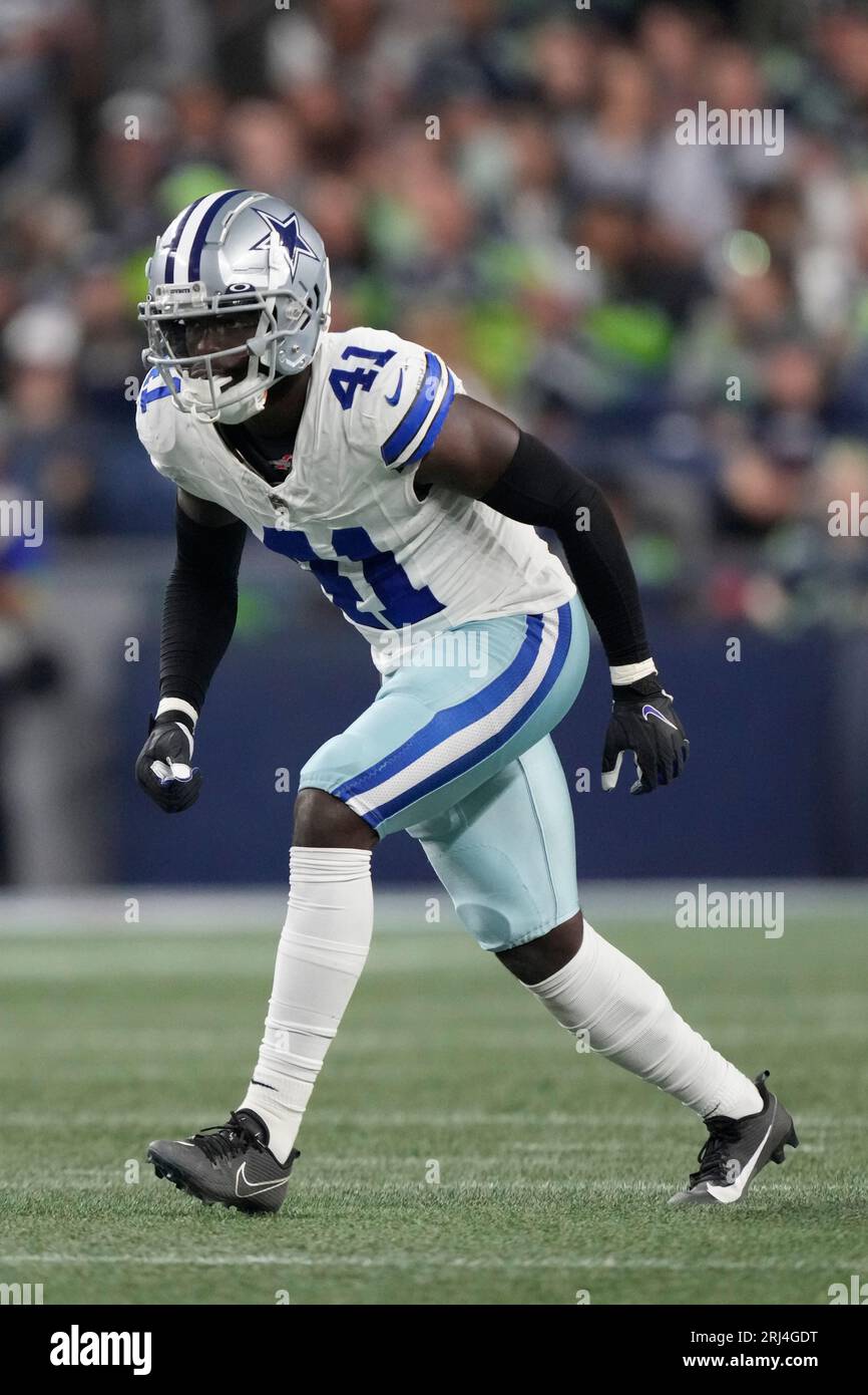 Dallas Cowboys safety Markquese Bell (41) gets set during an NFL pre-season  football game against the Seattle Seahawks, Saturday, Aug. 19, 2023 in  Seattle. (AP Photo/Ben VanHouten Stock Photo - Alamy