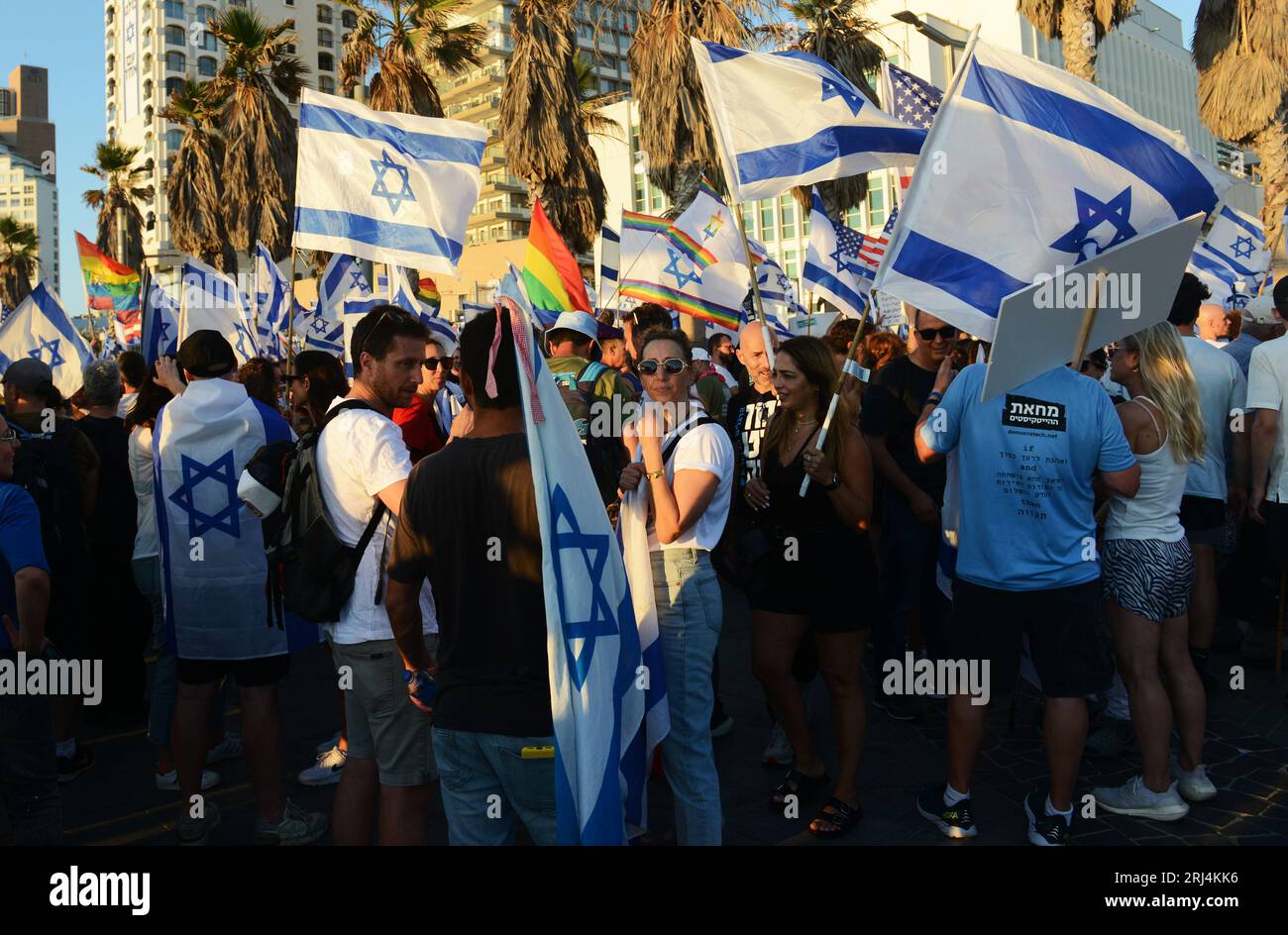 July 11th, 2023, Tel-Aviv, Israel. Protesters demonstrating against the Israeli government judicial policy changes and the loss of democracy rule. Stock Photo