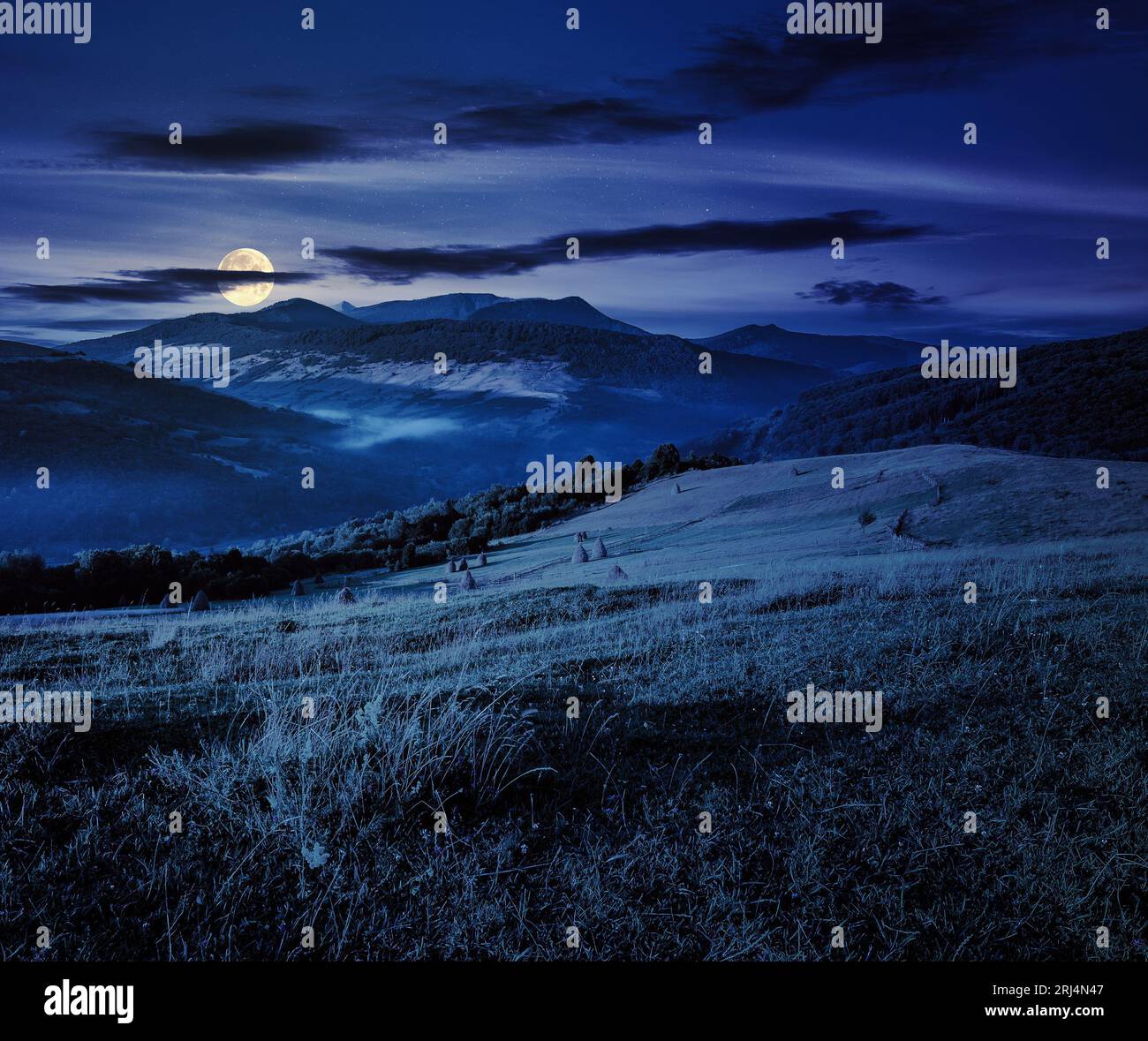 haystacks in rural field near the forest at the foot of the mountain at night. wonderful countryside scenery in full moon light Stock Photo
