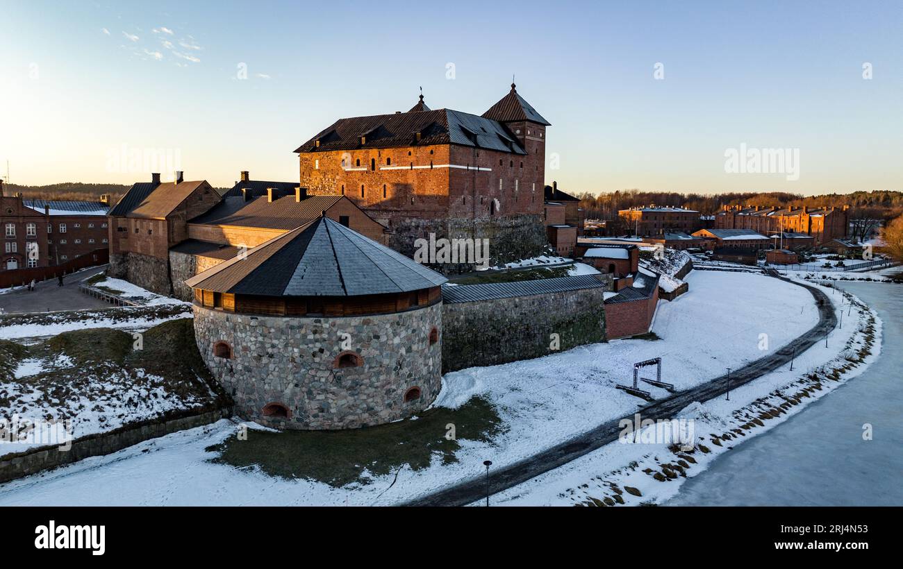 Aerial view of the Hame castle in wintery Hameenlinna, Finland at sunset Stock Photo