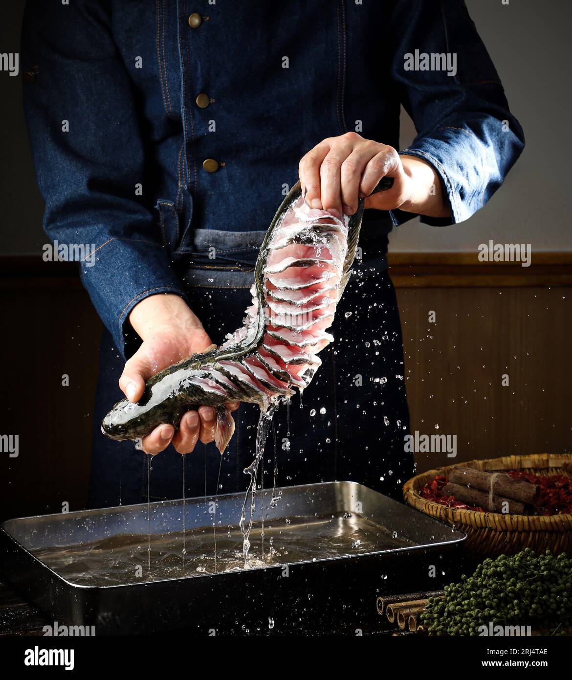 Cut raw Striped snakehead fish slice on ice dish, for hot pot use, black fish Stock Photo