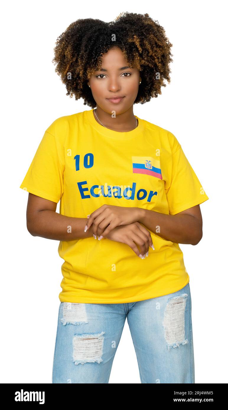 Beautiful female soccer fan from Ecuador with yellow jersey isolated on white background for cut out Stock Photo