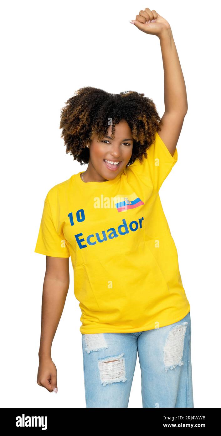 Cheering female soccer fan from Ecuador with yellow jersey isolated on white background for cut out Stock Photo