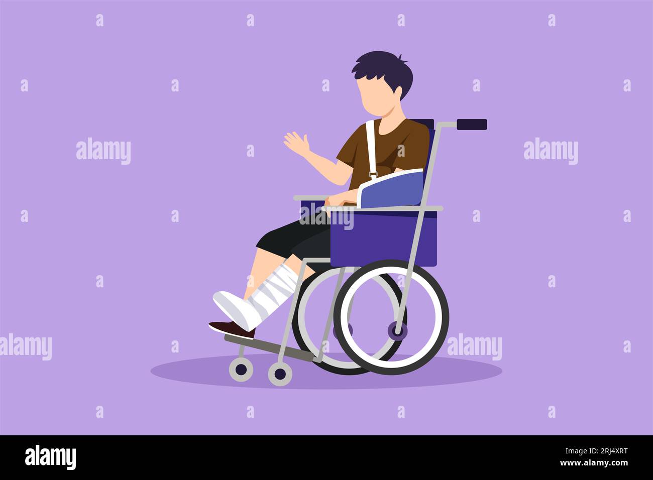 Character flat drawing injured and upset boy in gypsum or cast sitting