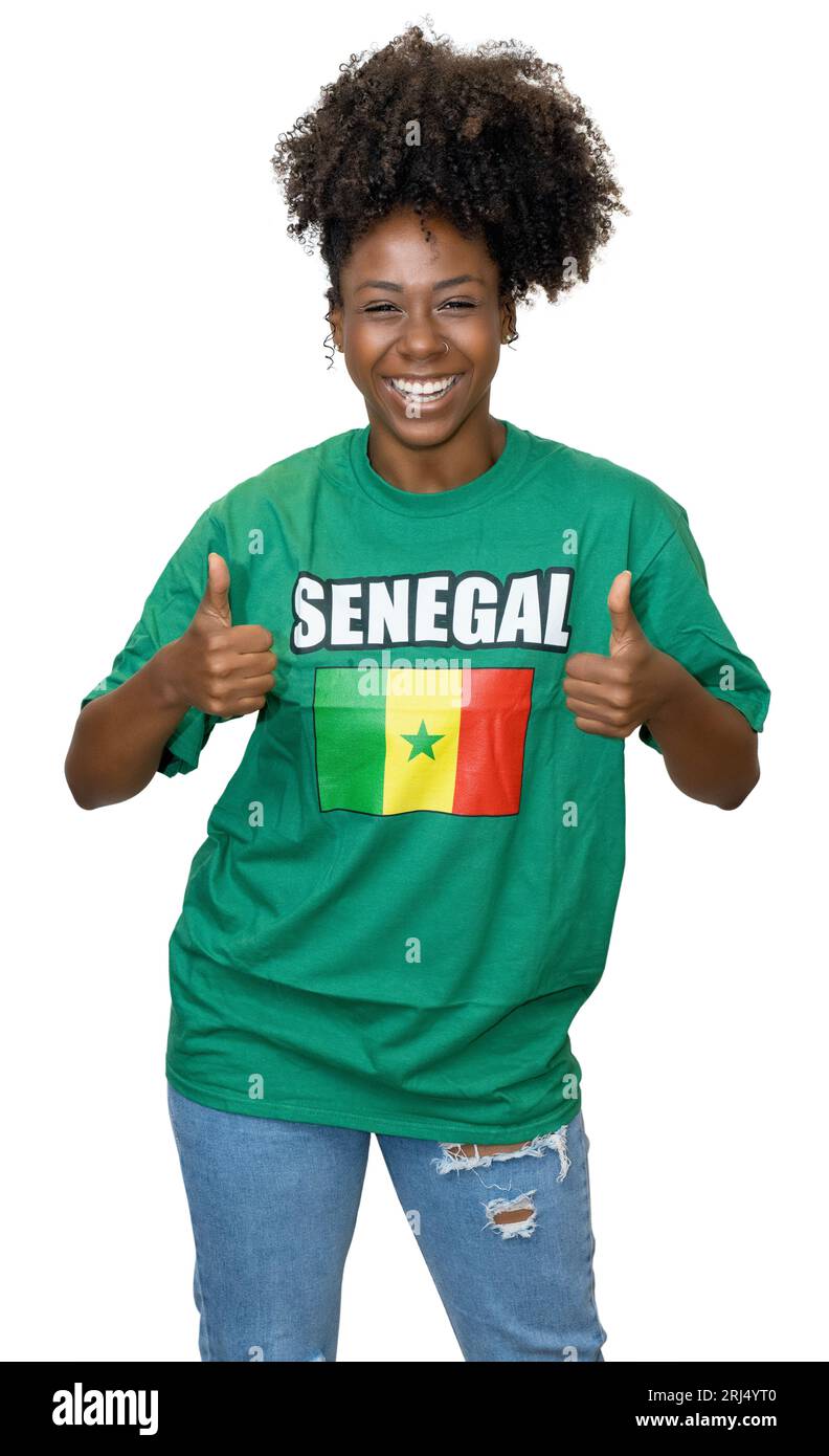 Laughing woman from Senegal supporting national football team isolated on white background for cut out Stock Photo