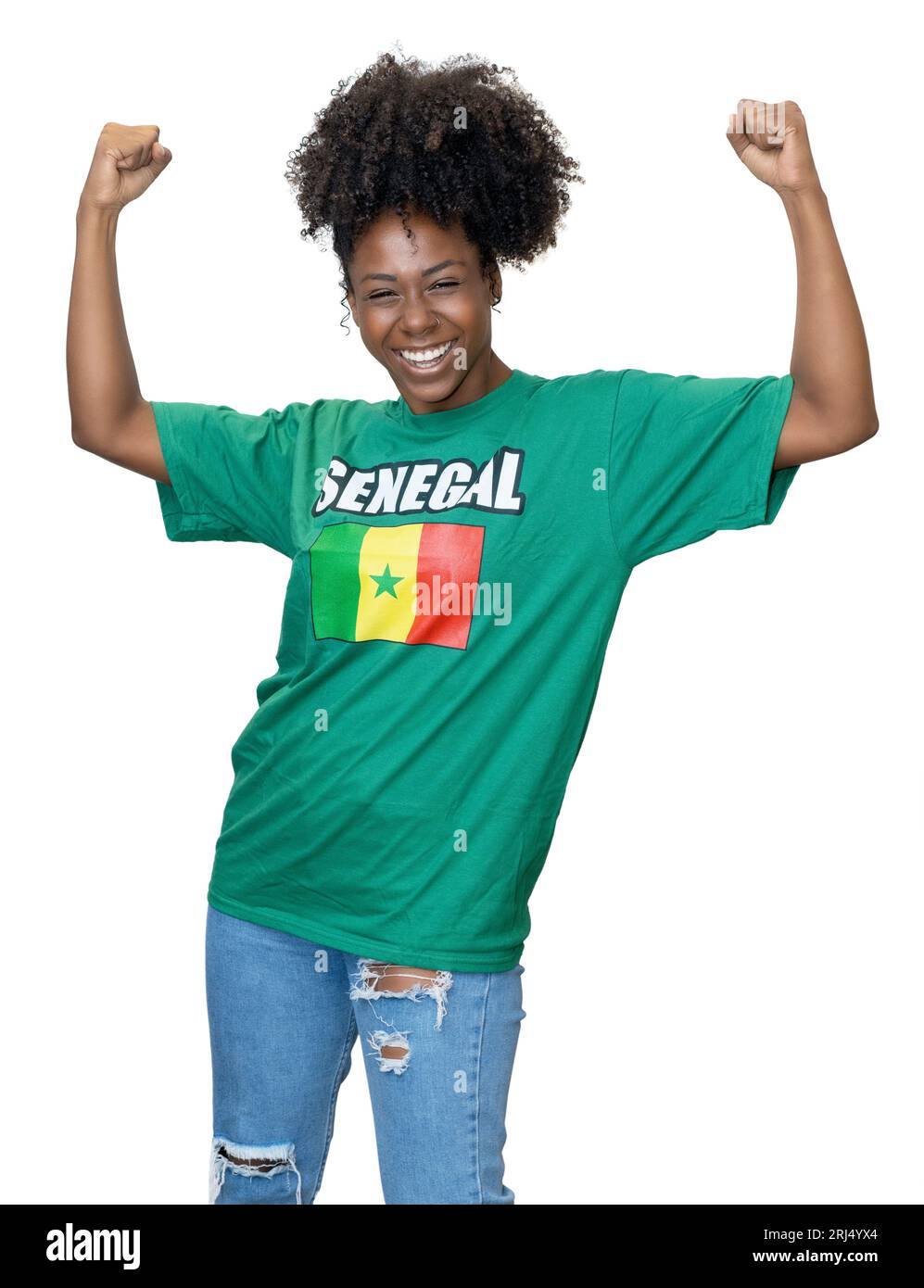 Cheering woman from Senegal supporting national football team isolated on white background for cut out Stock Photo