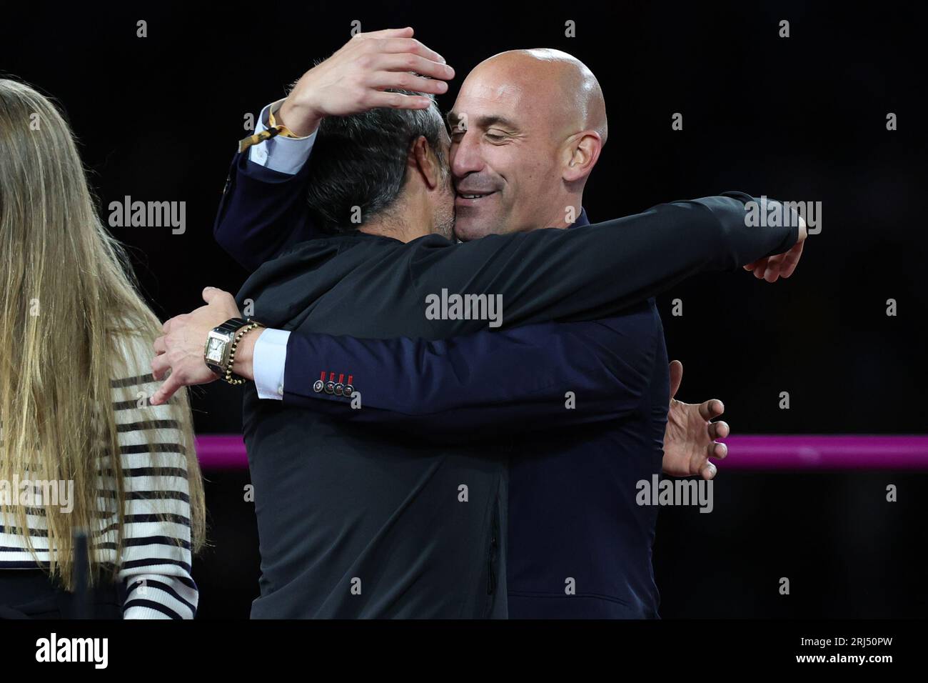Sydney, Australia. 20th Aug, 2023. Jorge Vilda Head Coach of Spain is embraced by Luis Rubiales President of the Royal Spanish Football Association after winning the FIFA Women's World Cup 2023 Final match between Spain Women and England Women at Stadium Australia, Sydney, Australia on 20 August 2023. Photo by Peter Dovgan. Editorial use only, license required for commercial use. No use in betting, games or a single club/league/player publications. Credit: UK Sports Pics Ltd/Alamy Live News Stock Photo