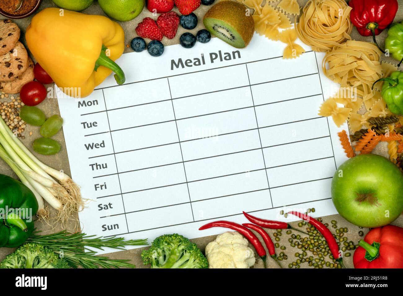 Menu for the week - Meal Plan with a border of food Stock Photo