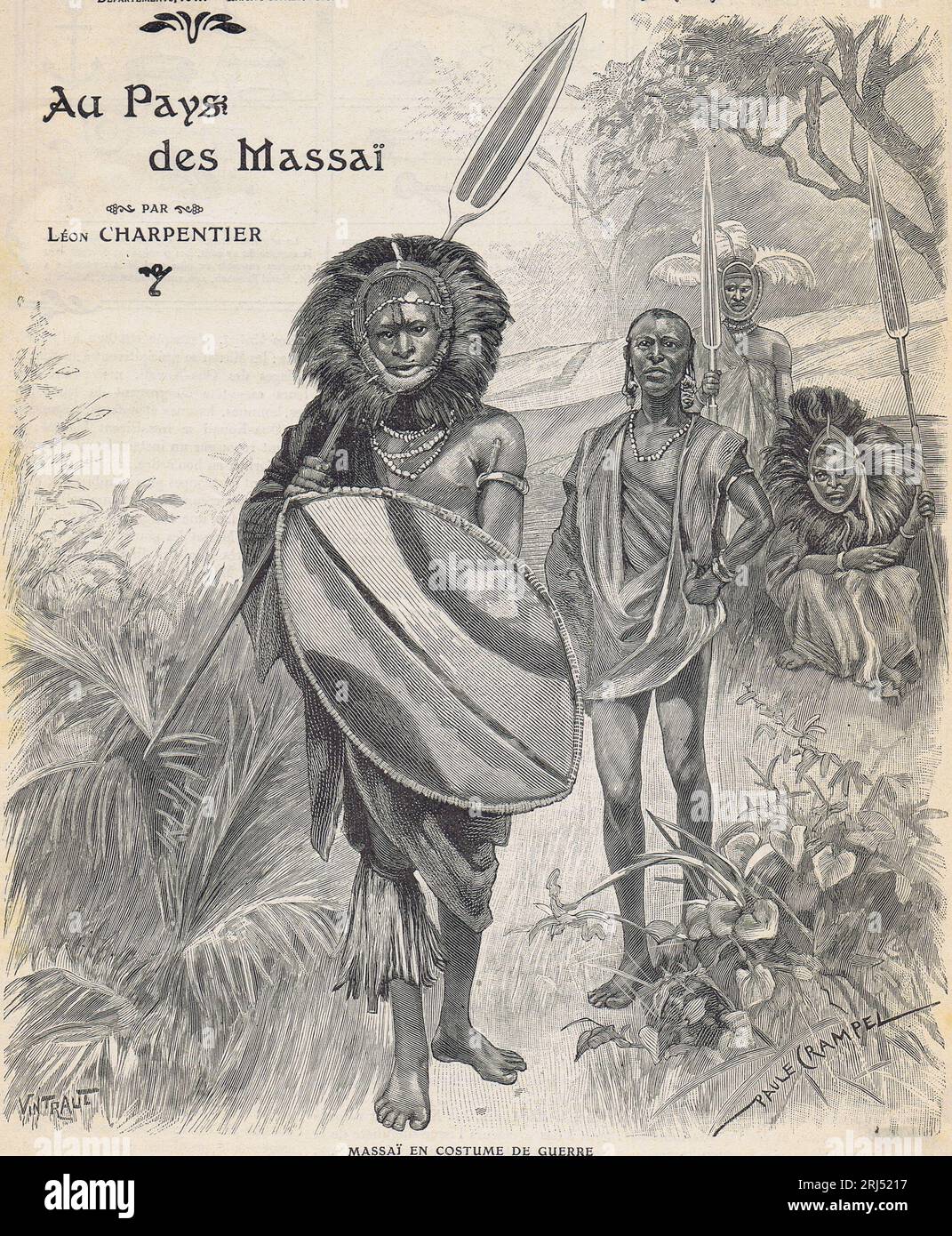 masai warriors walking- journal des voyages #454- 1905 Stock Photo