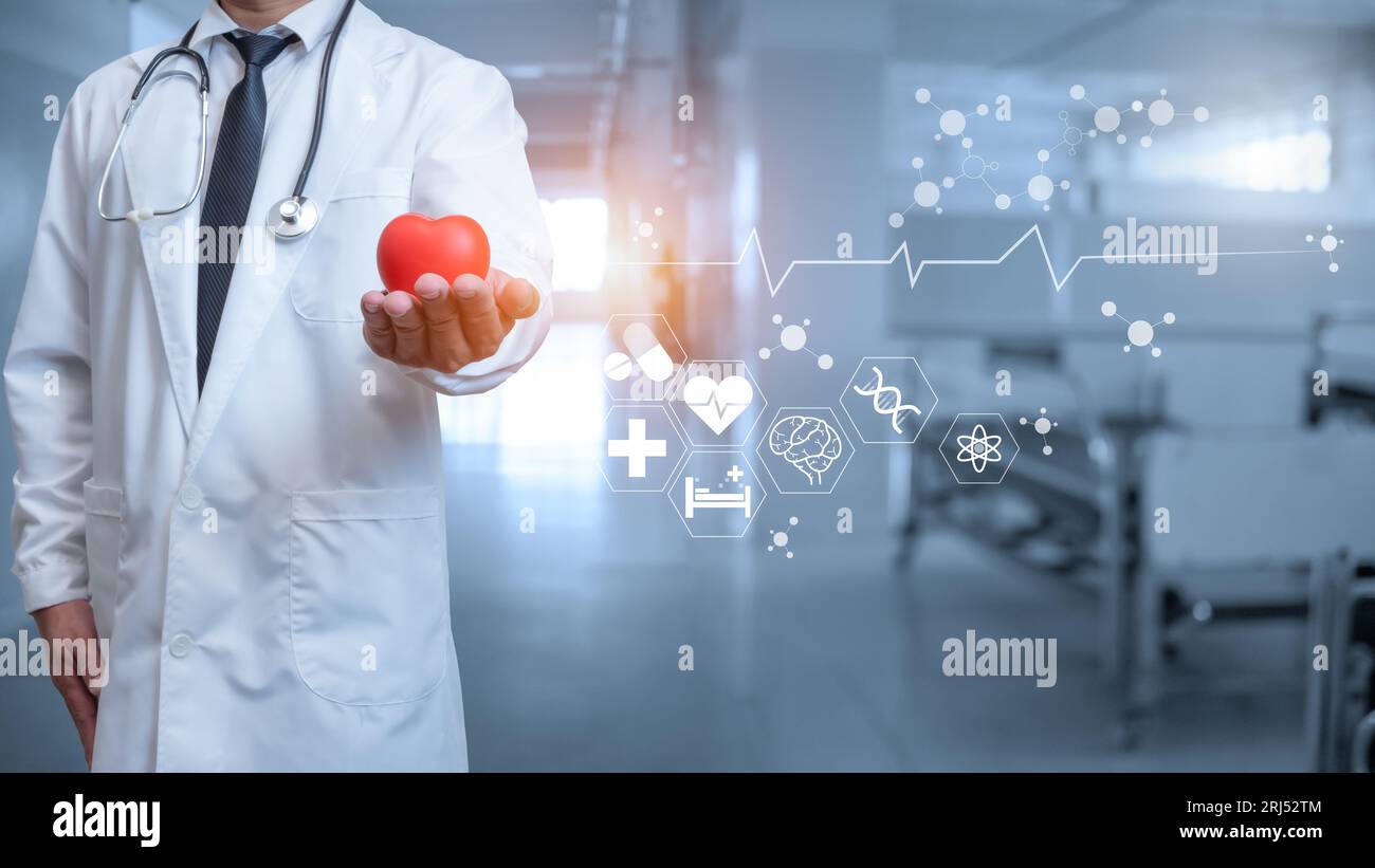 Doctor in lab coat holding red heart on hospital interior background ...