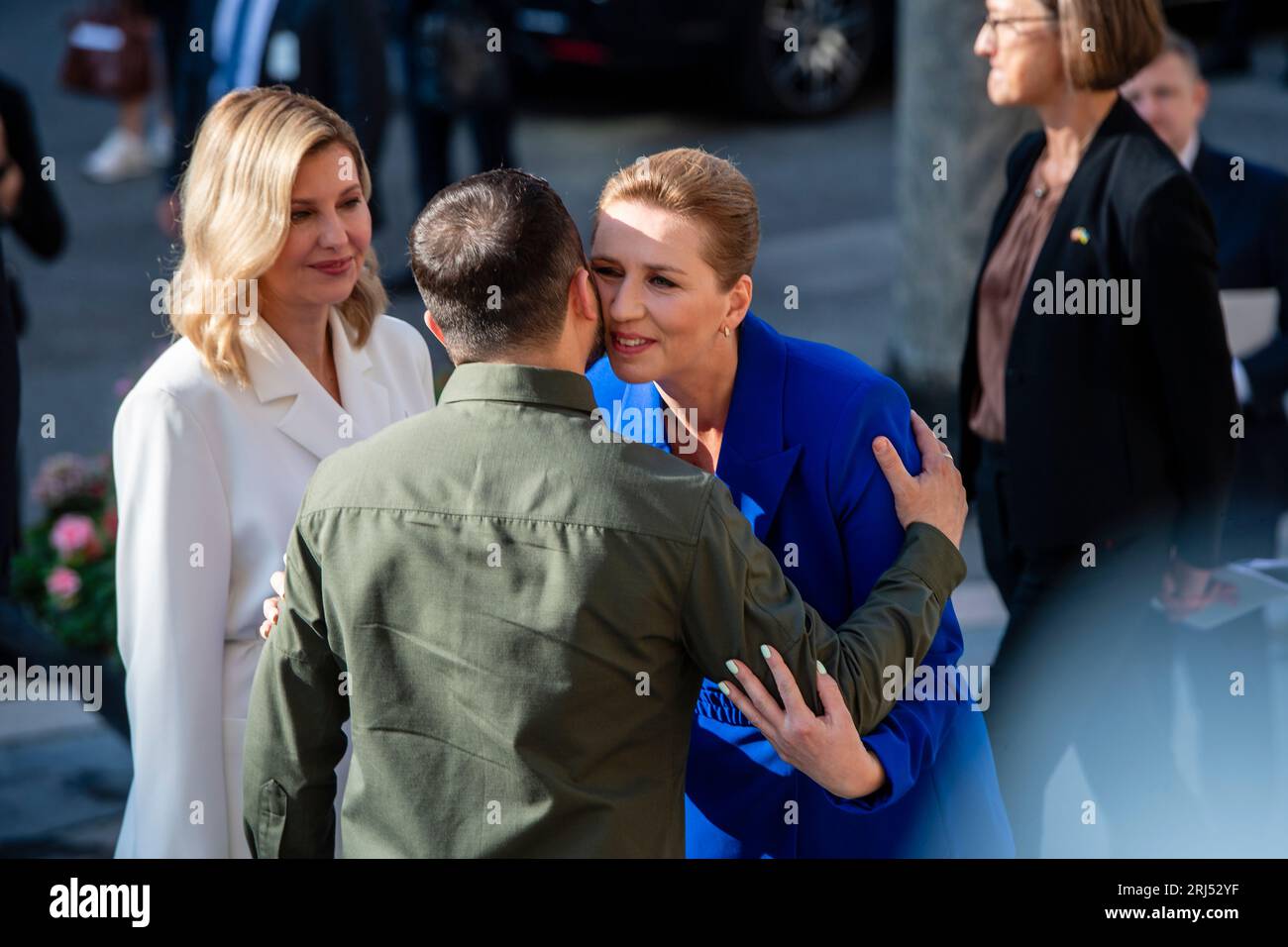 Monday, 21st August 2023 / Matthew James Harrison  Ukraine's President Zelensky and his wife Olena Zelenska arrive in Copenhagen, Denmark, to meet Danish Prime Minister Mette Frederiksen. The visit comes after Denmark and Holland agreed to send F16 fighter jets to Ukraine to assist in the ongoing war against Russia Stock Photo