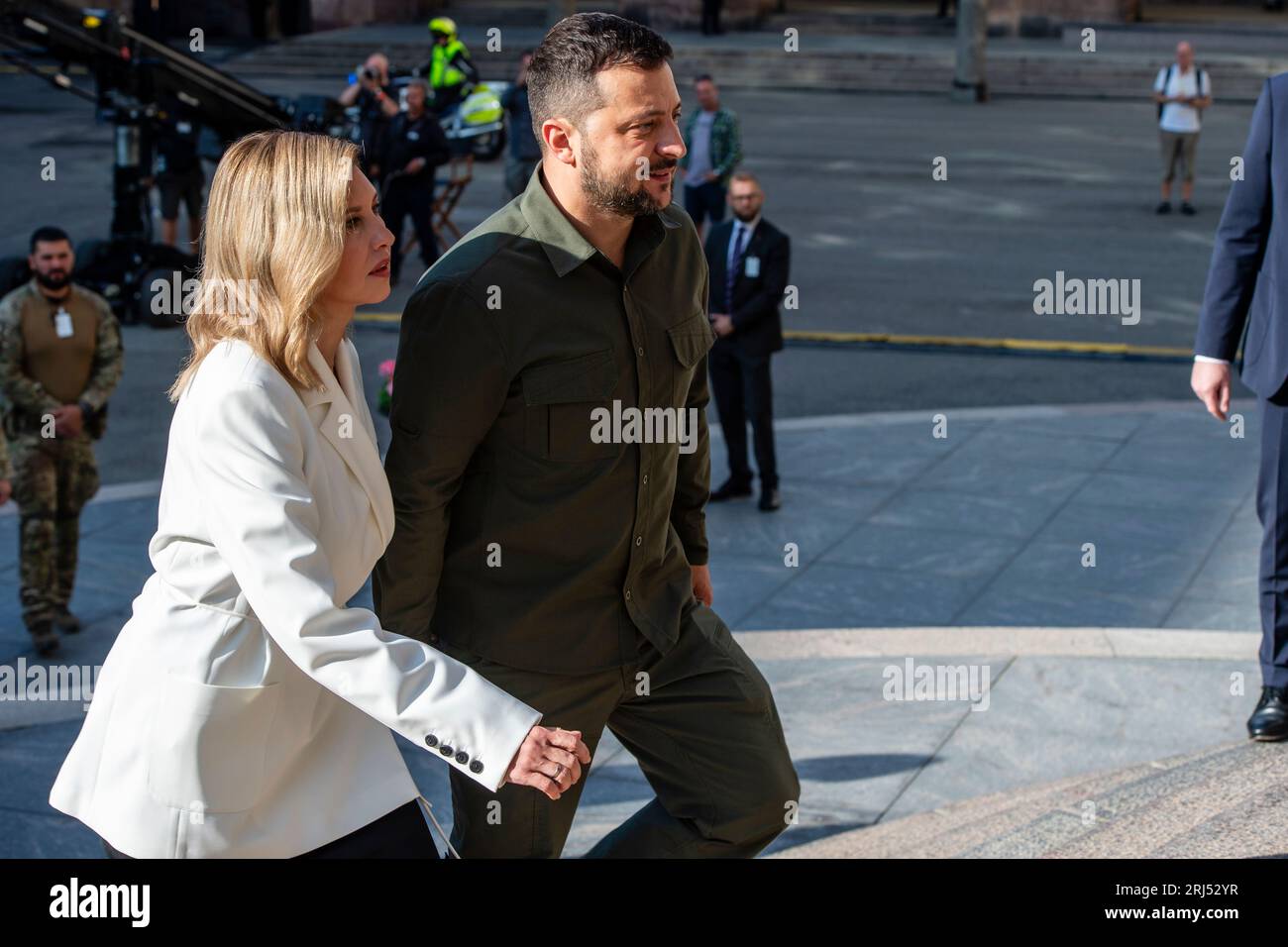 Monday, 21st August 2023 / Matthew James Harrison  Ukraine's President Zelensky and his wife Olena Zelenska arrive in Copenhagen, Denmark, to meet Danish Prime Minister Mette Frederiksen. The visit comes after Denmark and Holland agreed to send F16 fighter jets to Ukraine to assist in the ongoing war against Russia Stock Photo