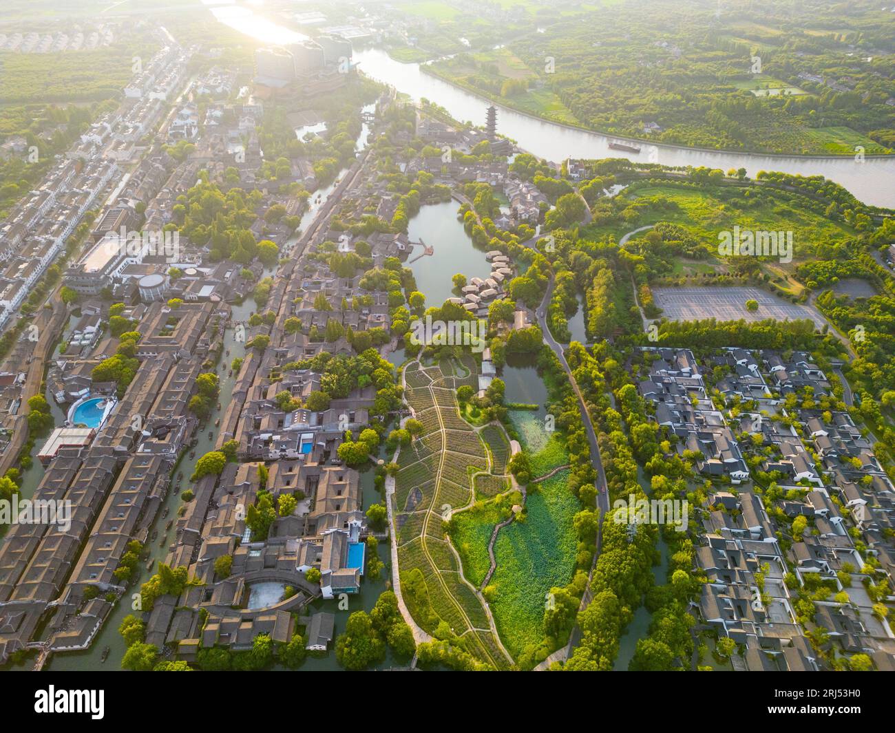 TONGXIANG, CHINA AUGUST 19, 2023 Aerial photo shows Wuzhen Ancient