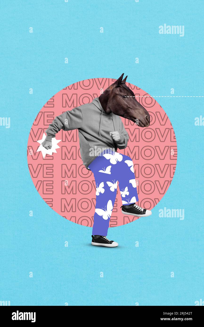 Vertical collage picture of dancing horse head guy butterfly print