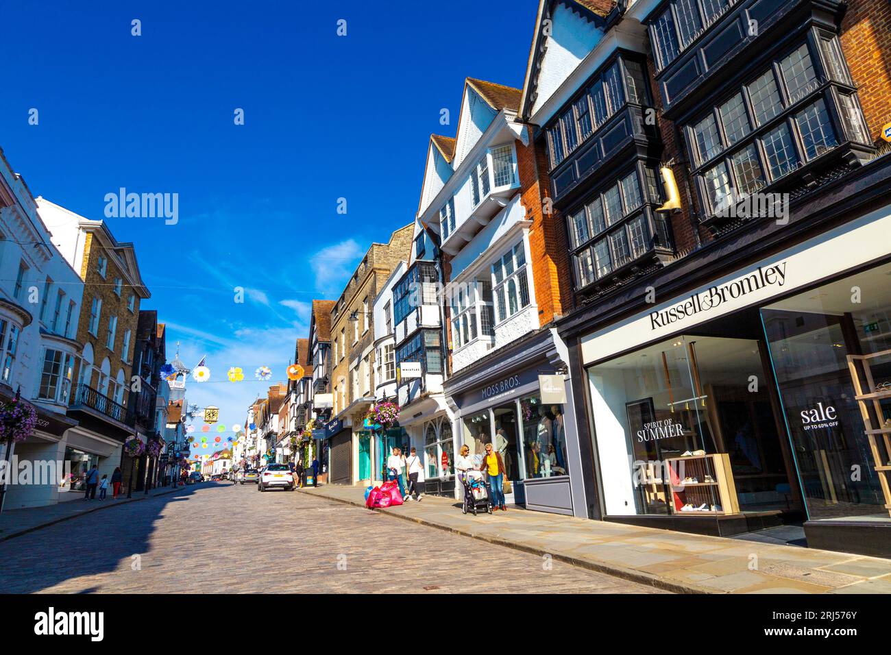 Houses and shops along the high street in Guildford, Surrey, England