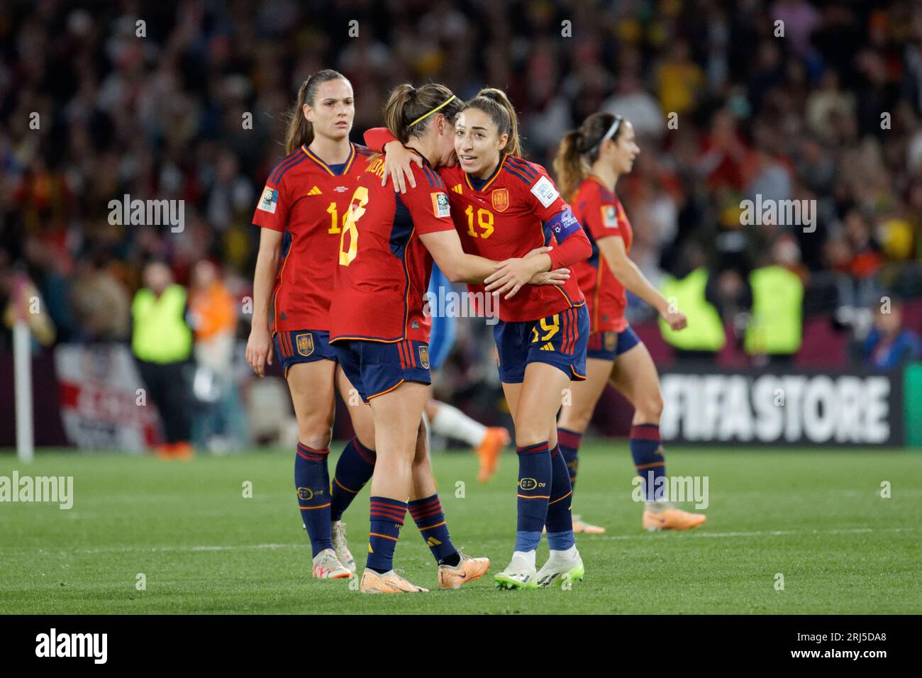 Sydney, Australia. 20th Aug, 2023. Mariona Caldentey and Olga Carmona of Spain celebrates after a goal was scored during the FIFA Women's World Cup Australia and New Zealand 2023 Final match between Spain and England at Stadium Australia on August 20, 2023 in Sydney, Australia Credit: IOIO IMAGES/Alamy Live News Stock Photo