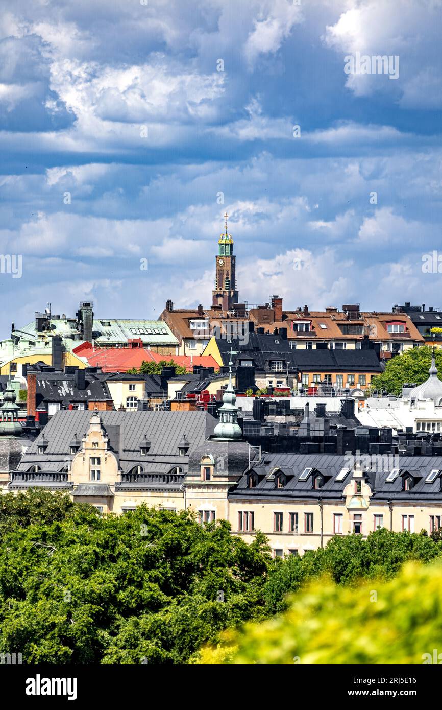 An areal shot of an urban neighborhood, with many houses and buildings nestled among the trees: Stockholm city Stock Photo